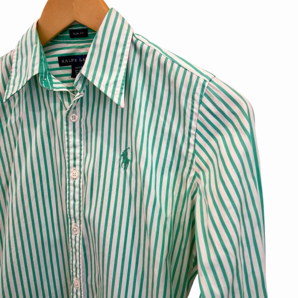 Ralph Lauren Blue Label Womens 2 Slim Fit Green White Striped Oxford Shirt - Picture 4 of 8
